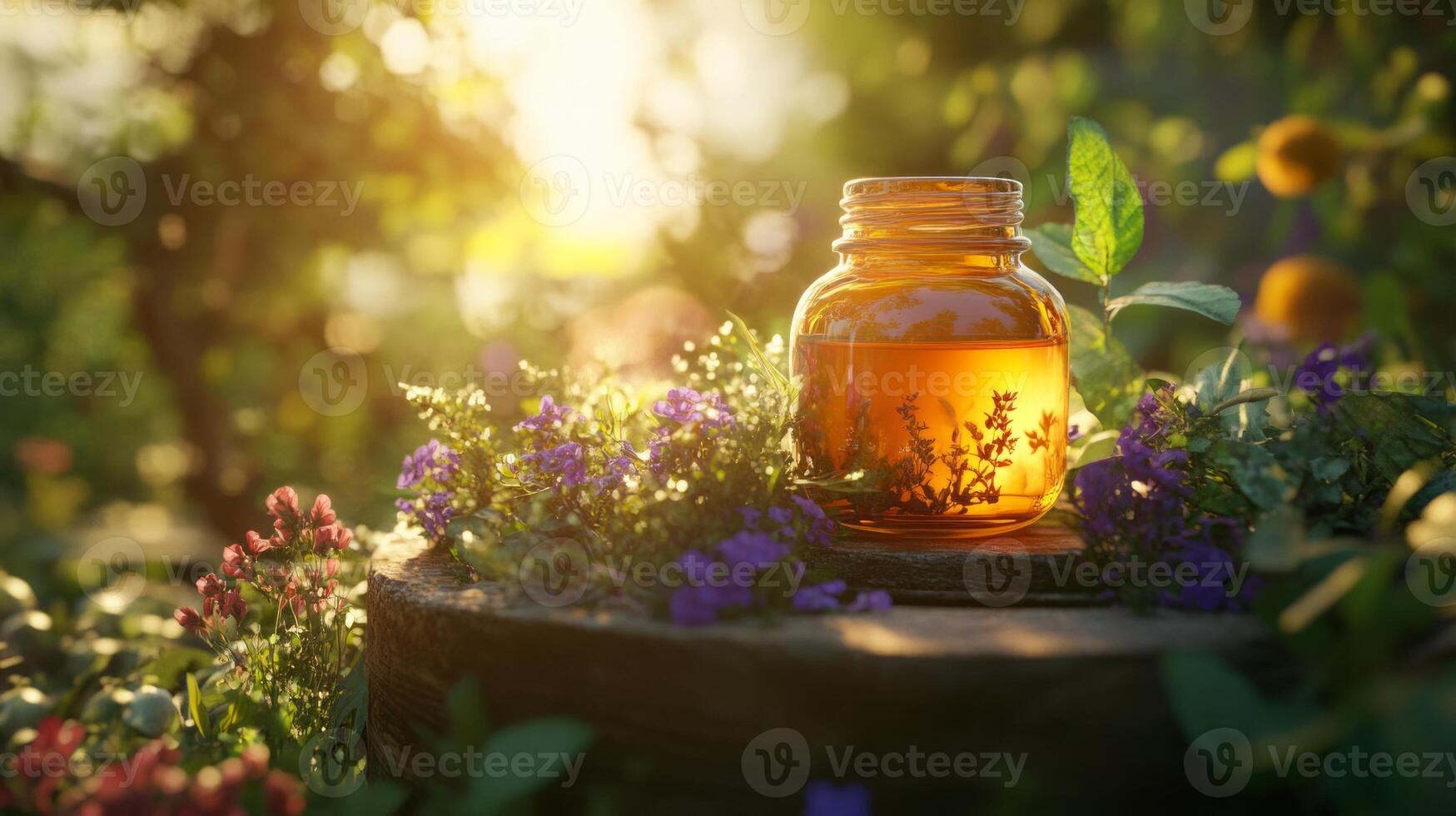 A bottle of essential oil is in the garden with flowers and plants photo