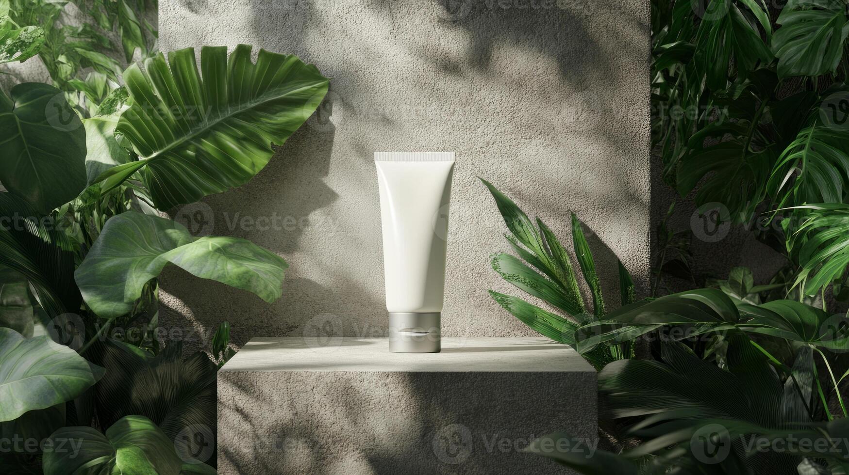 A tube of cream sits on a stone wall surrounded by plants photo