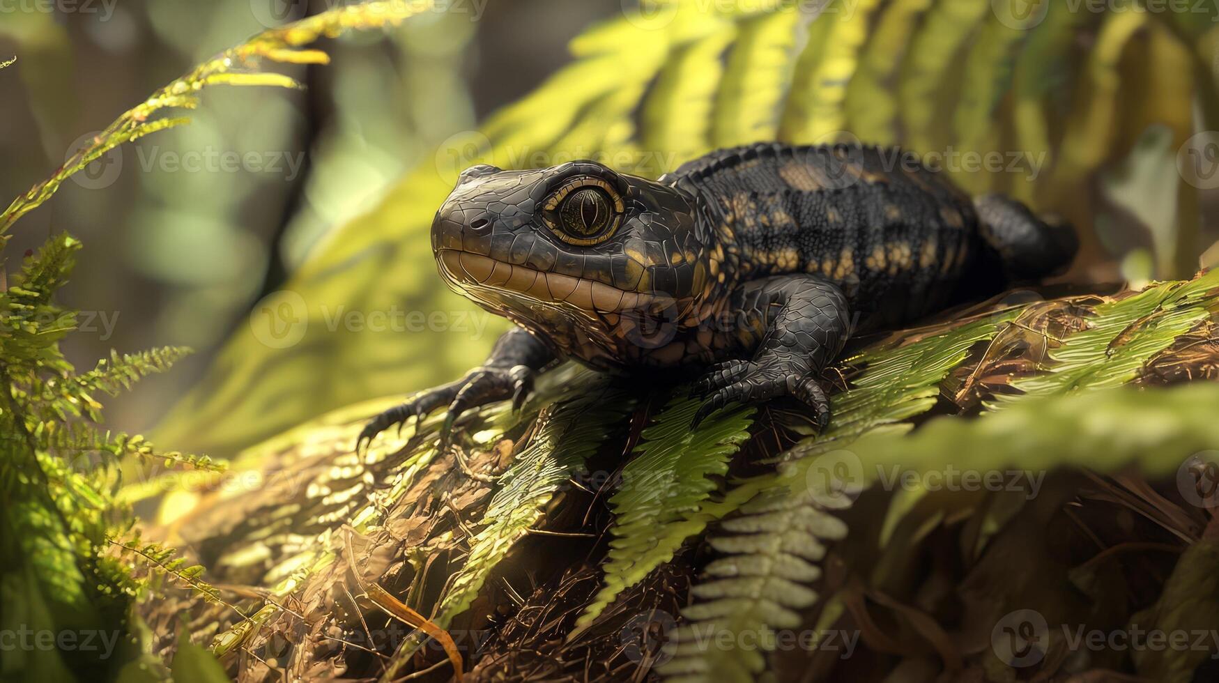 A lizard is sitting on a log in the forest photo
