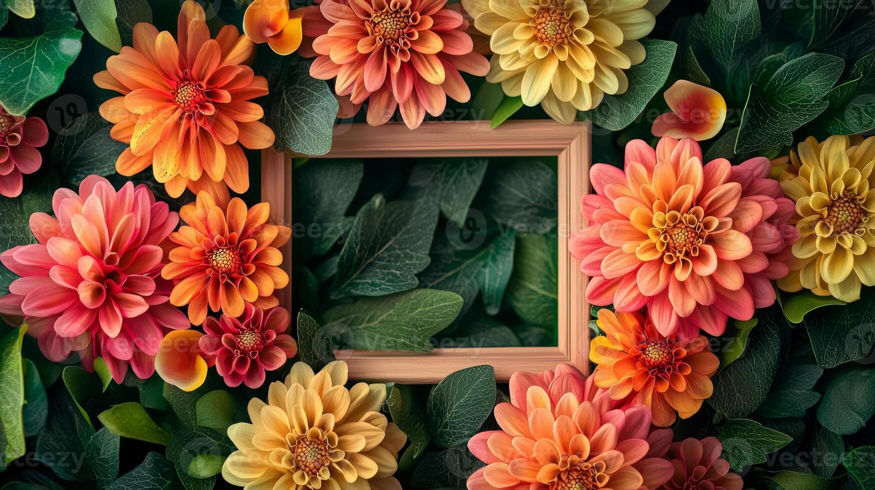Colorful flowers and leaves surround a frame with an empty frame photo