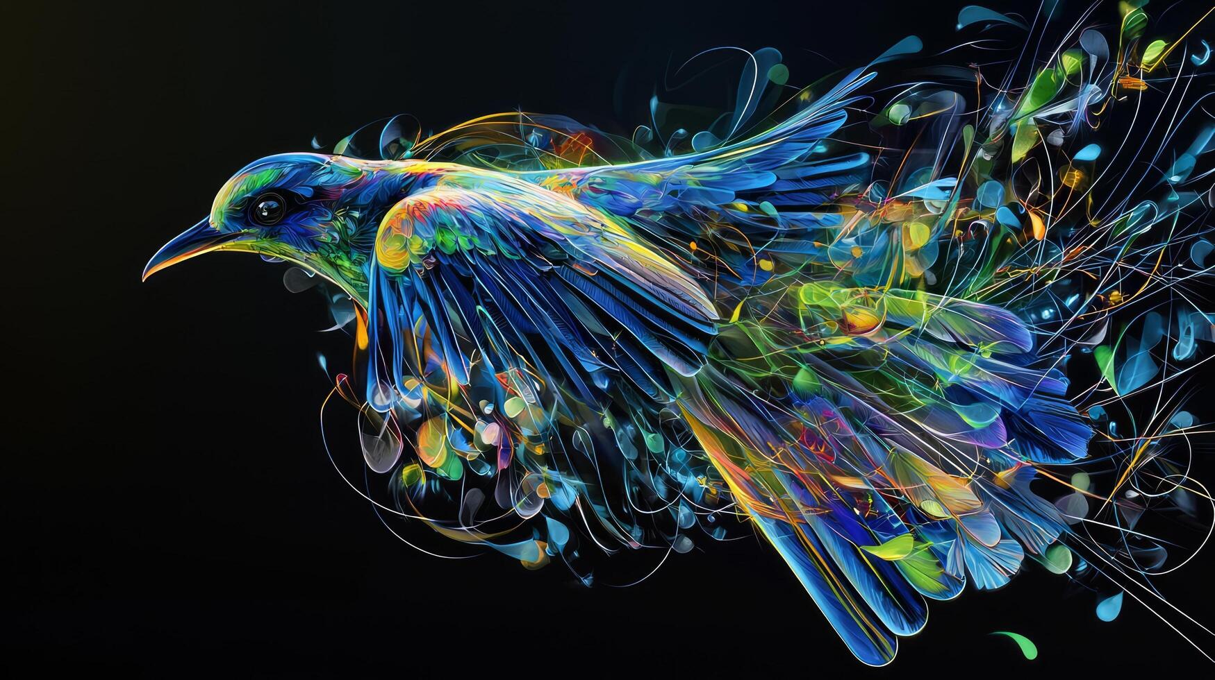 A colorful bird flying in the air with colorful swirls photo
