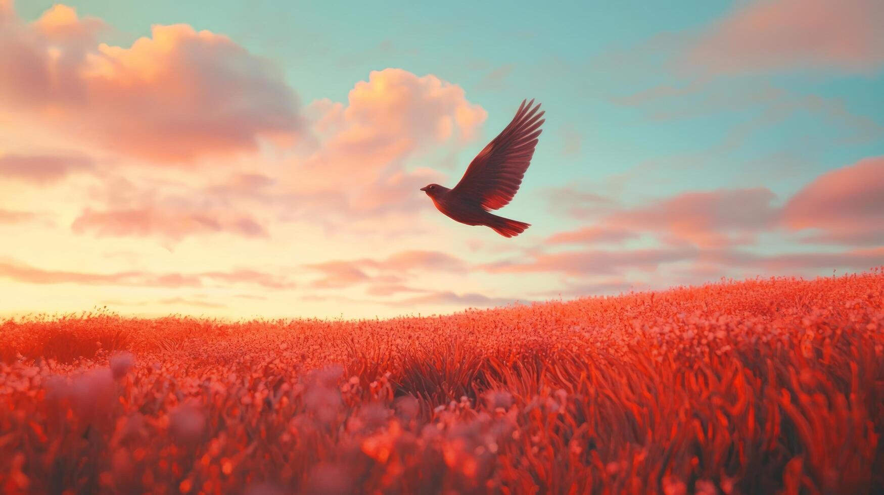 A bird flying over a field of grass photo