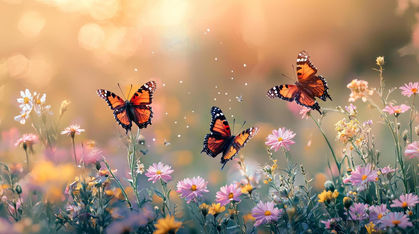 Butterflies in a field of flowers with sun shining photo