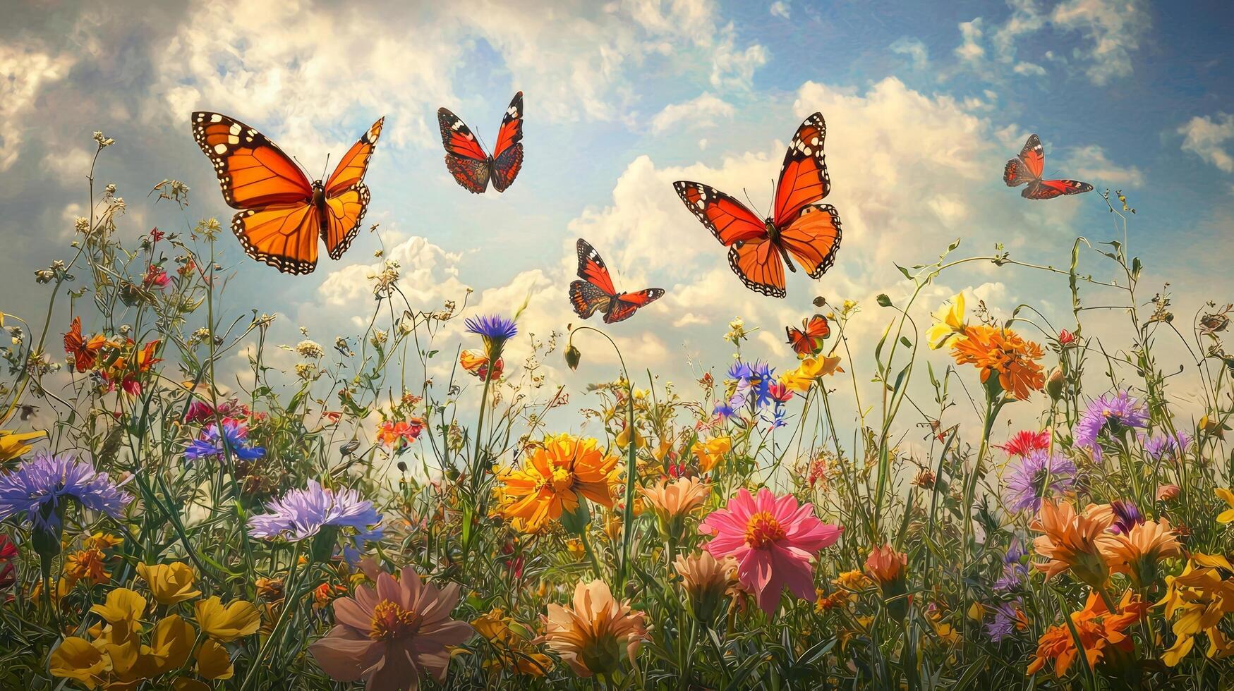 Butterflies flying over a field of flowers photo