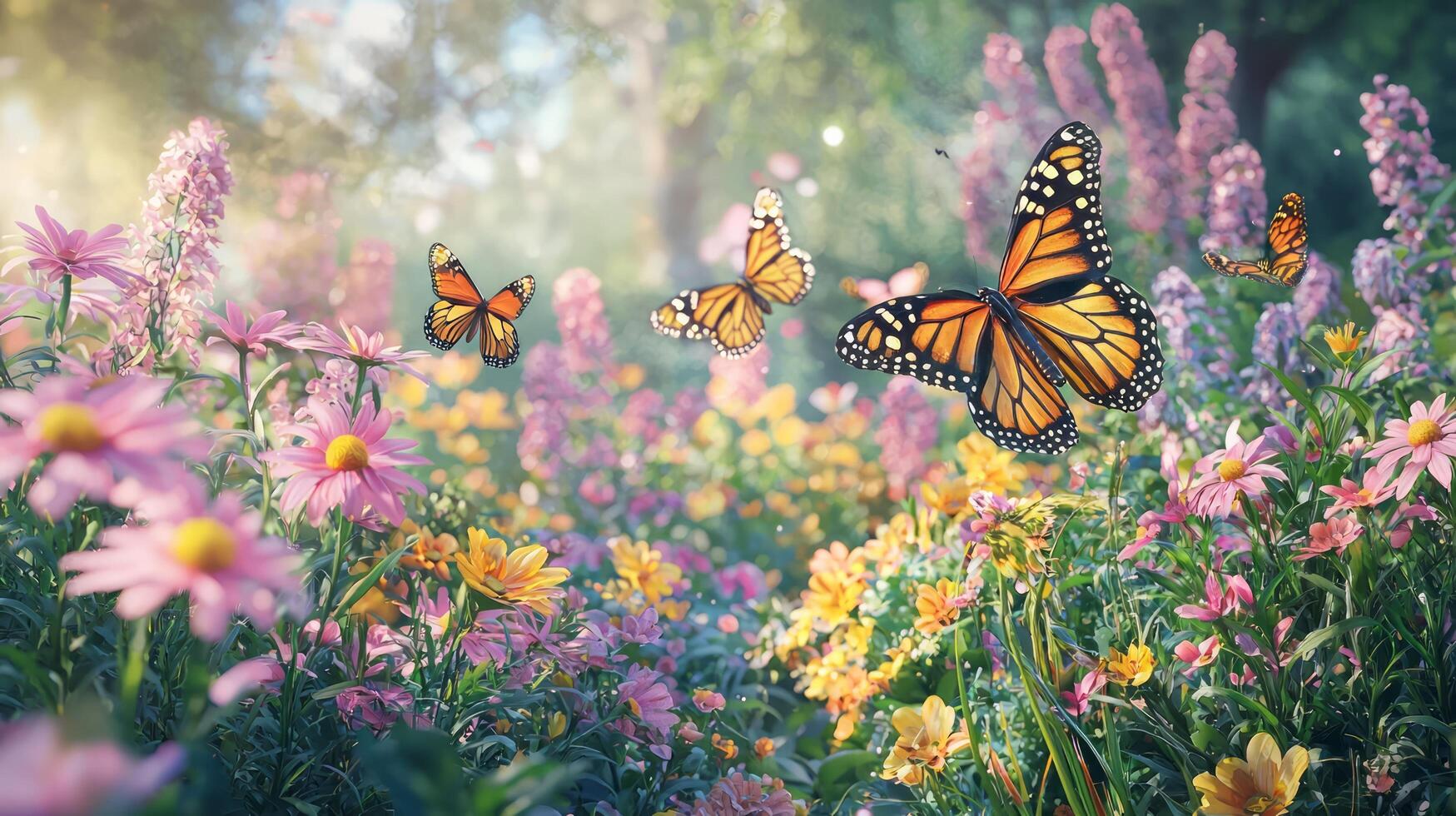 Butterflies in a field of flowers photo