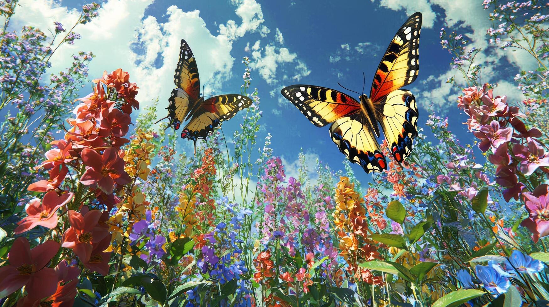 Two butterflies are flying over a field of flowers photo