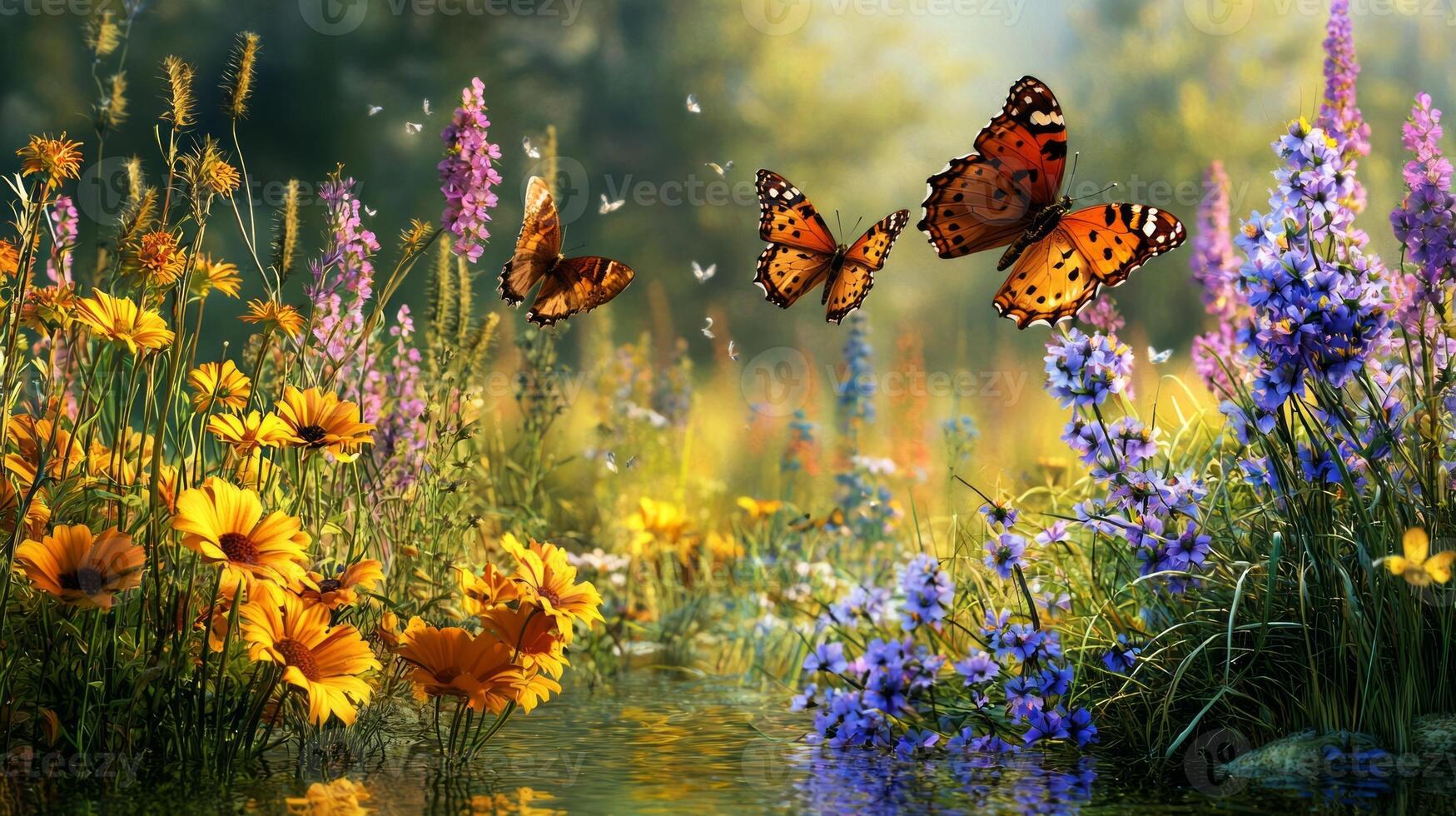 Butterflies flying over flowers and grass in a field photo