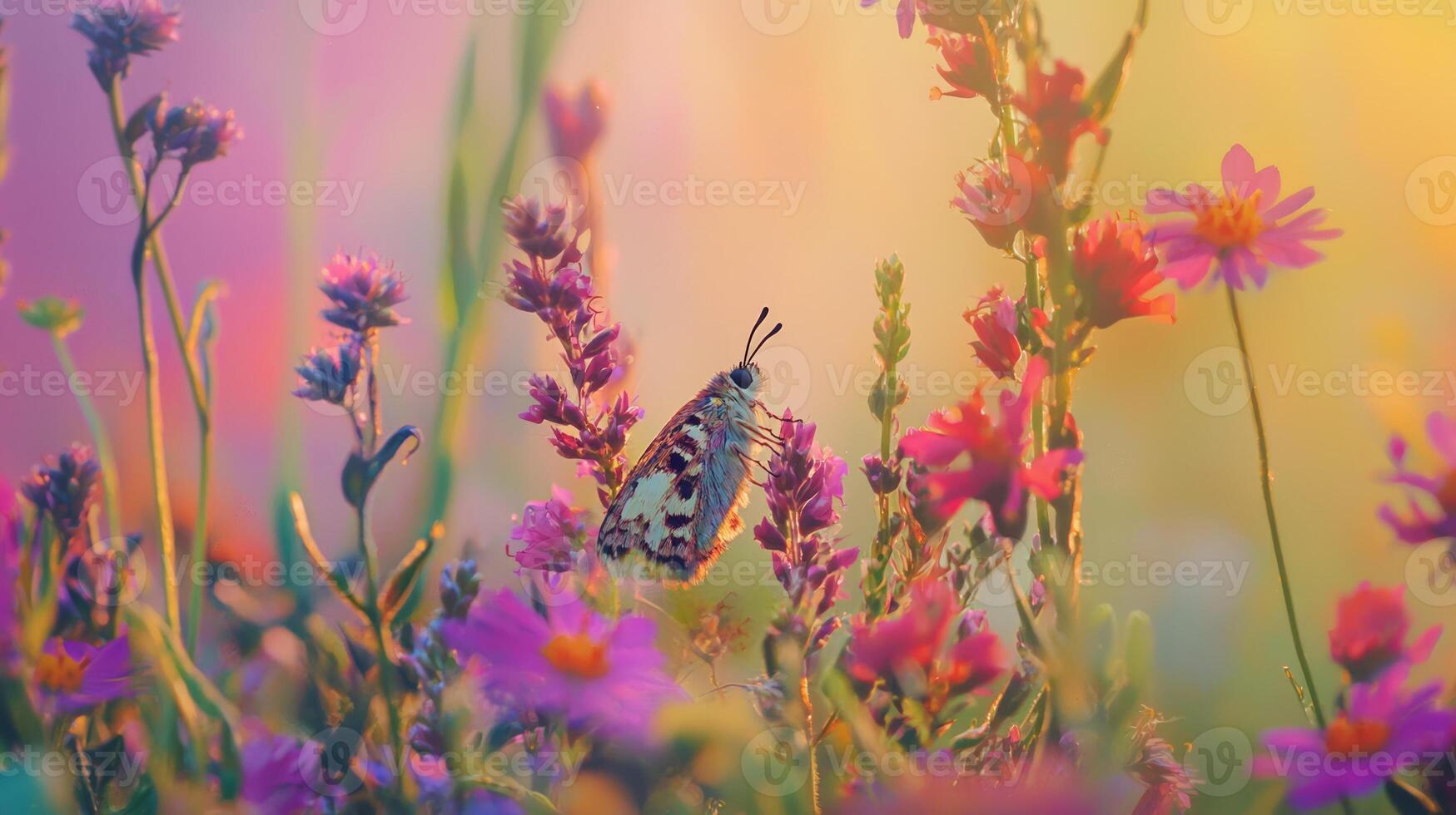 Butterfly in a field of flowers with a sunset background photo