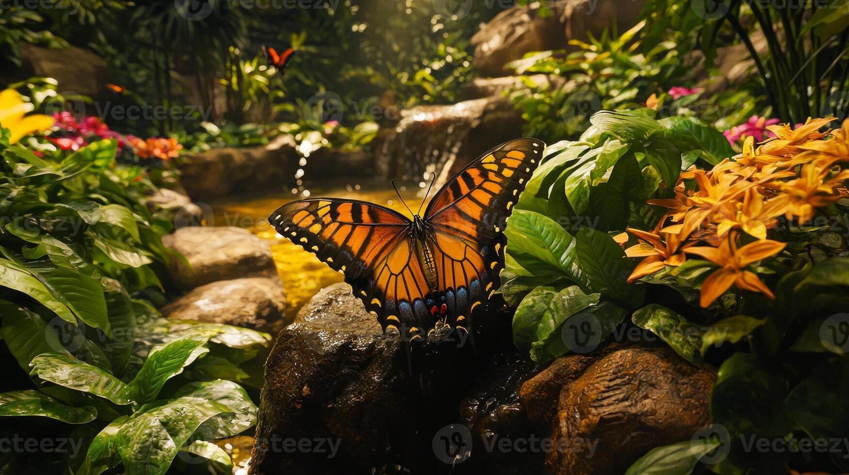 A butterfly is sitting on a rock in a garden photo