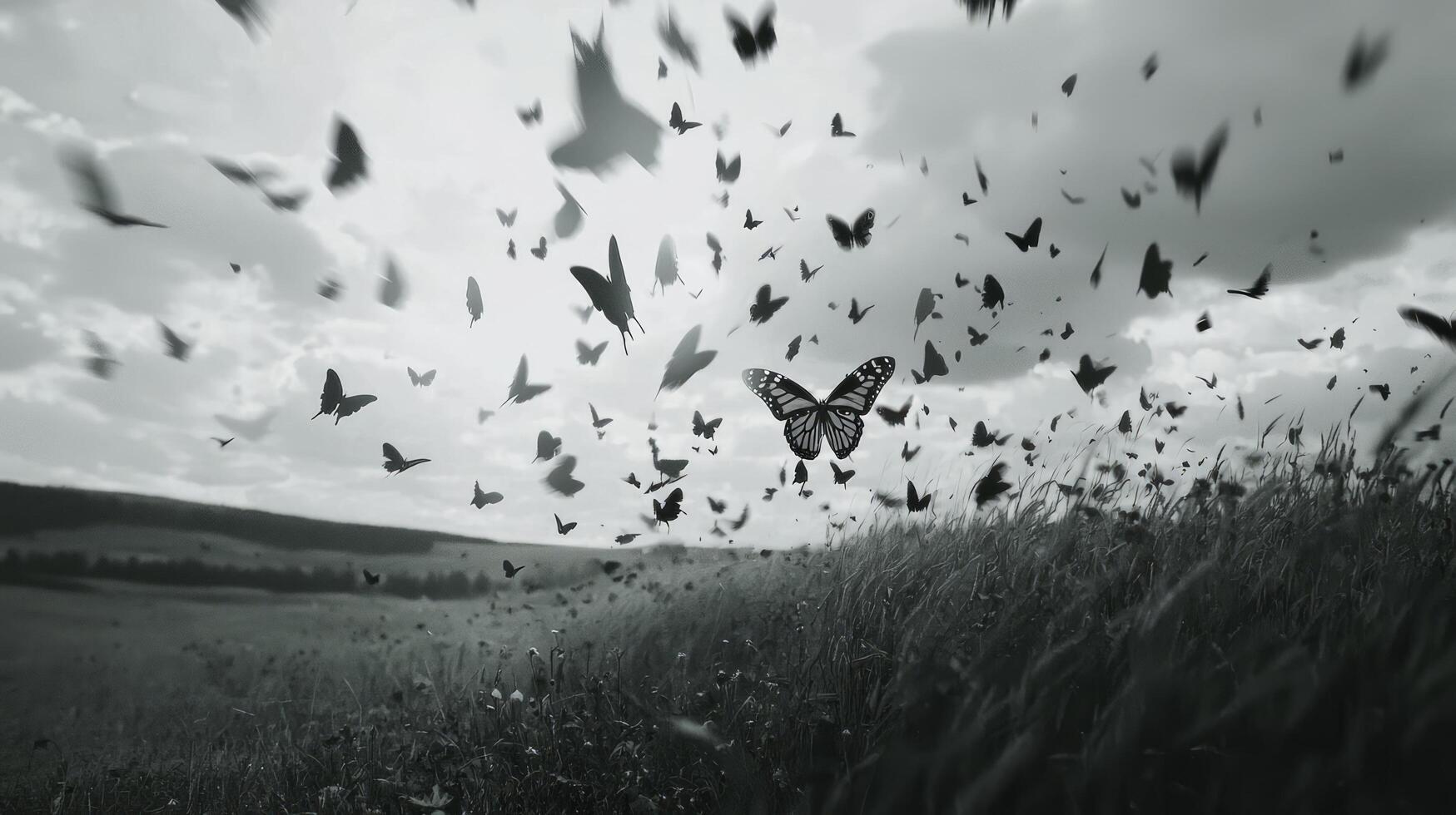 Butterflies flying in the air over a field photo