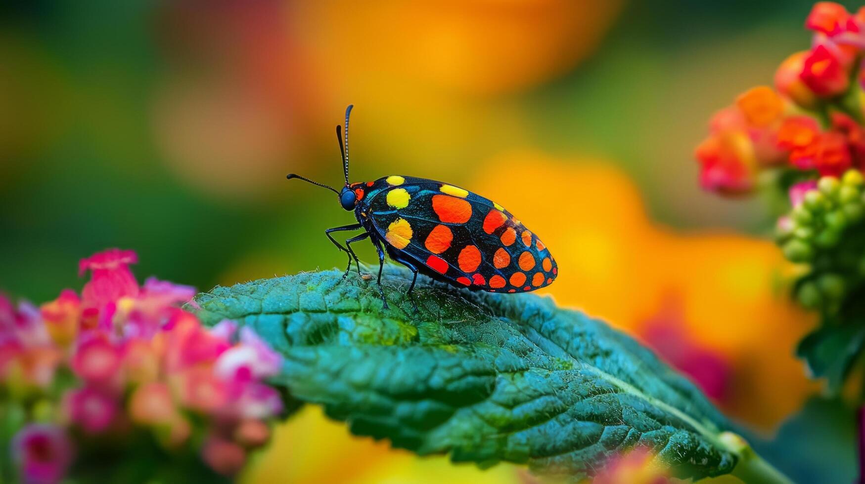 A colorful bug is sitting on a leaf photo