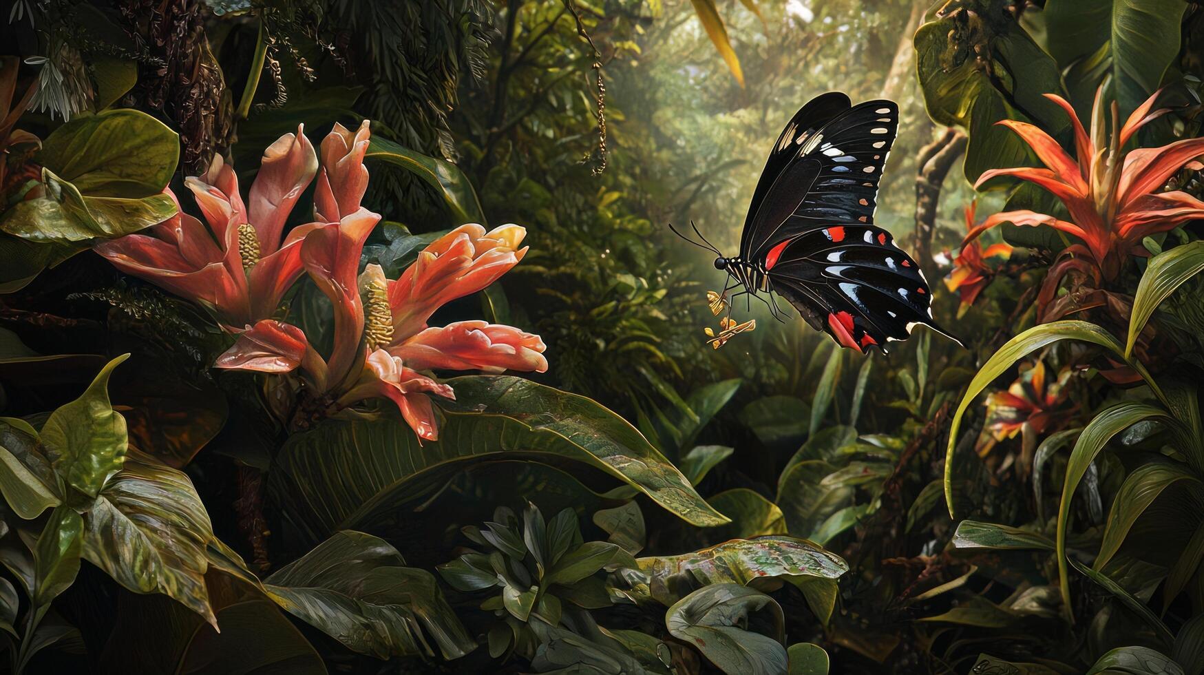 A butterfly flying through a jungle photo