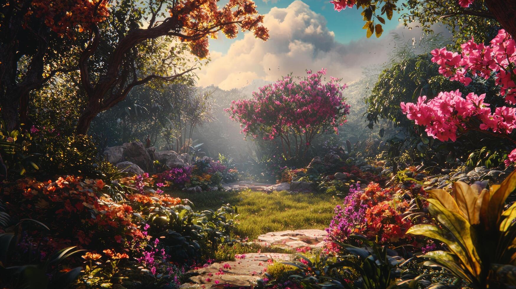 A beautiful garden scene with flowers and trees photo
