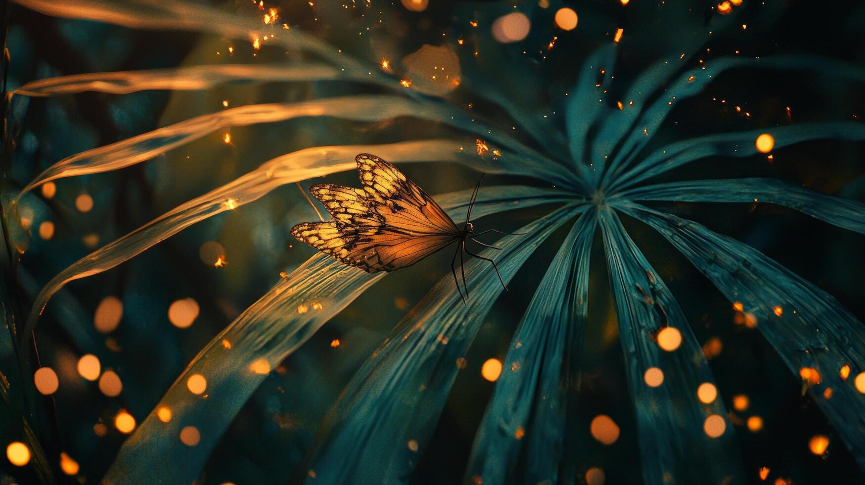 A butterfly is sitting on a leaf in the dark photo