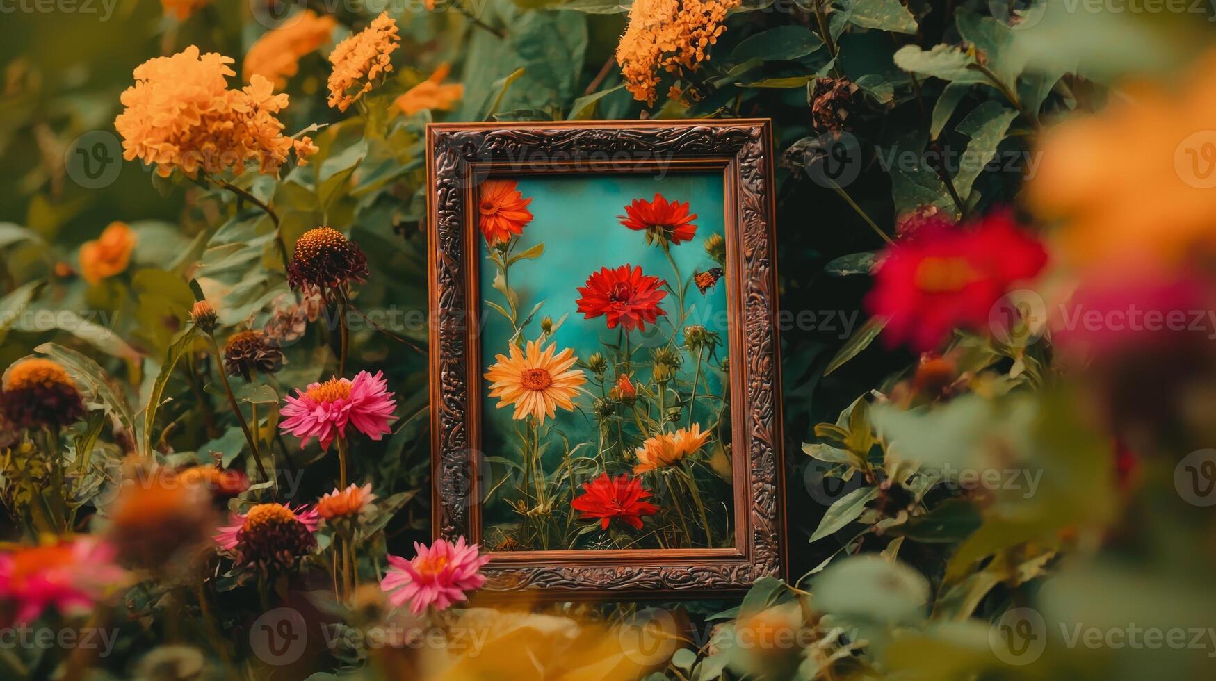 A frame with flowers in it on a green field photo
