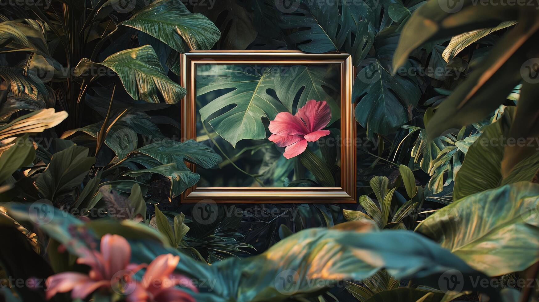 A frame with a pink flower in the middle of tropical plants photo