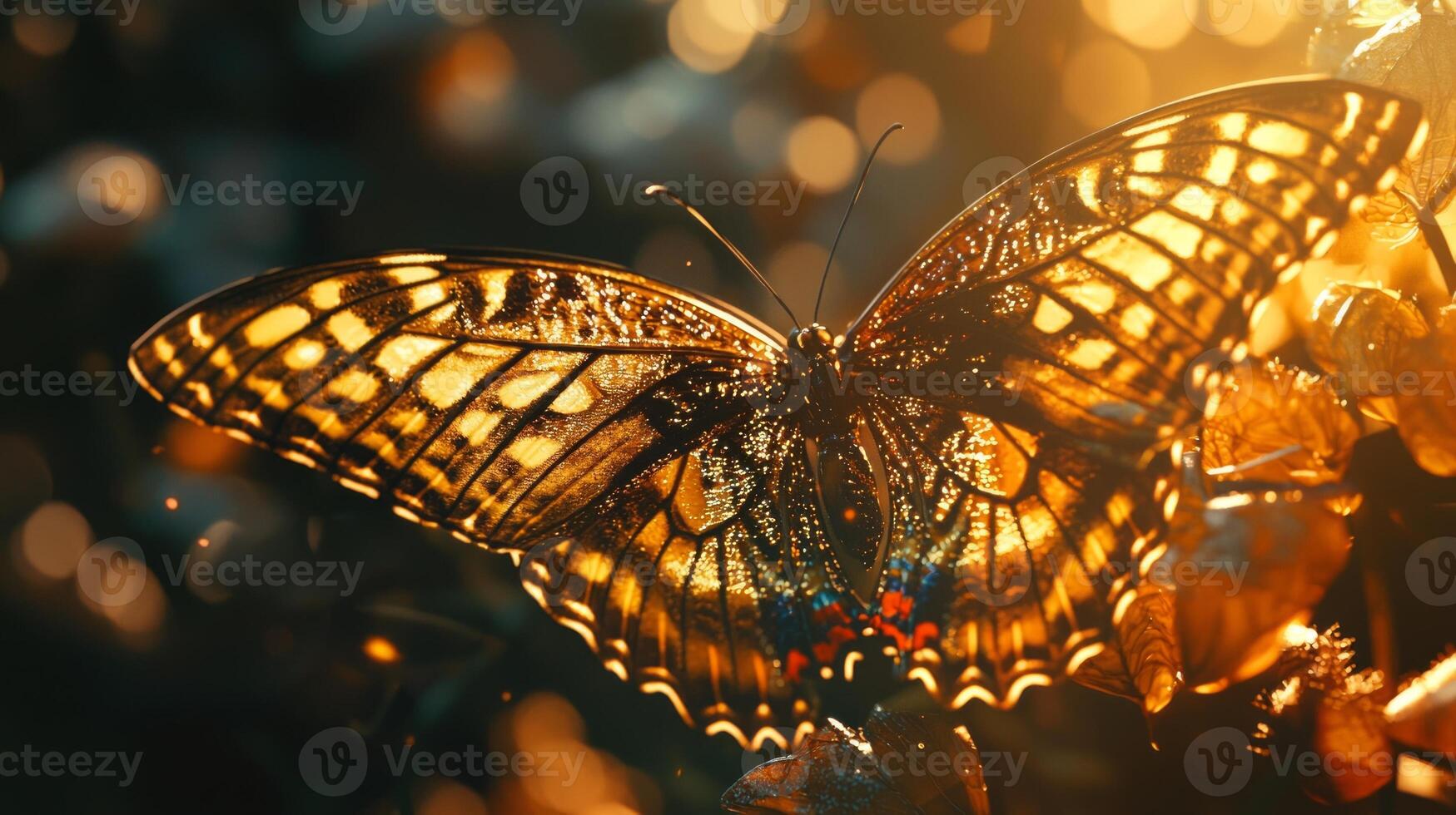 A butterfly is sitting on a leaf with sunlight shining on it photo