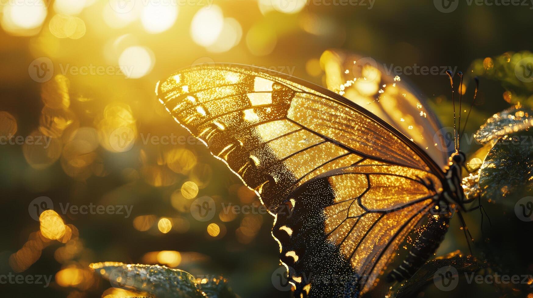 A butterfly is sitting on a leaf with sunlight shining through photo