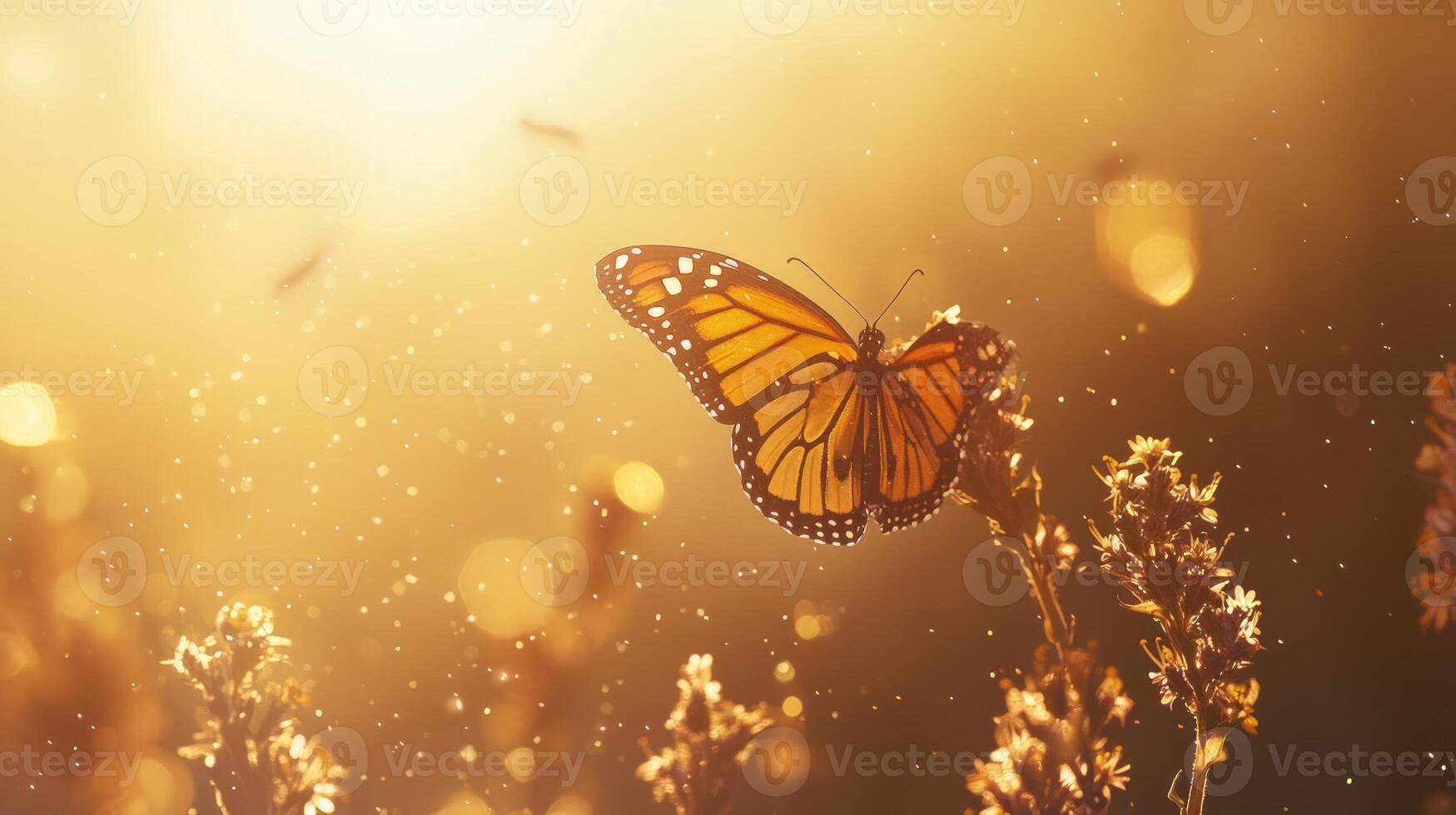 A monarch butterfly is flying through the air in front of a field of flowers photo