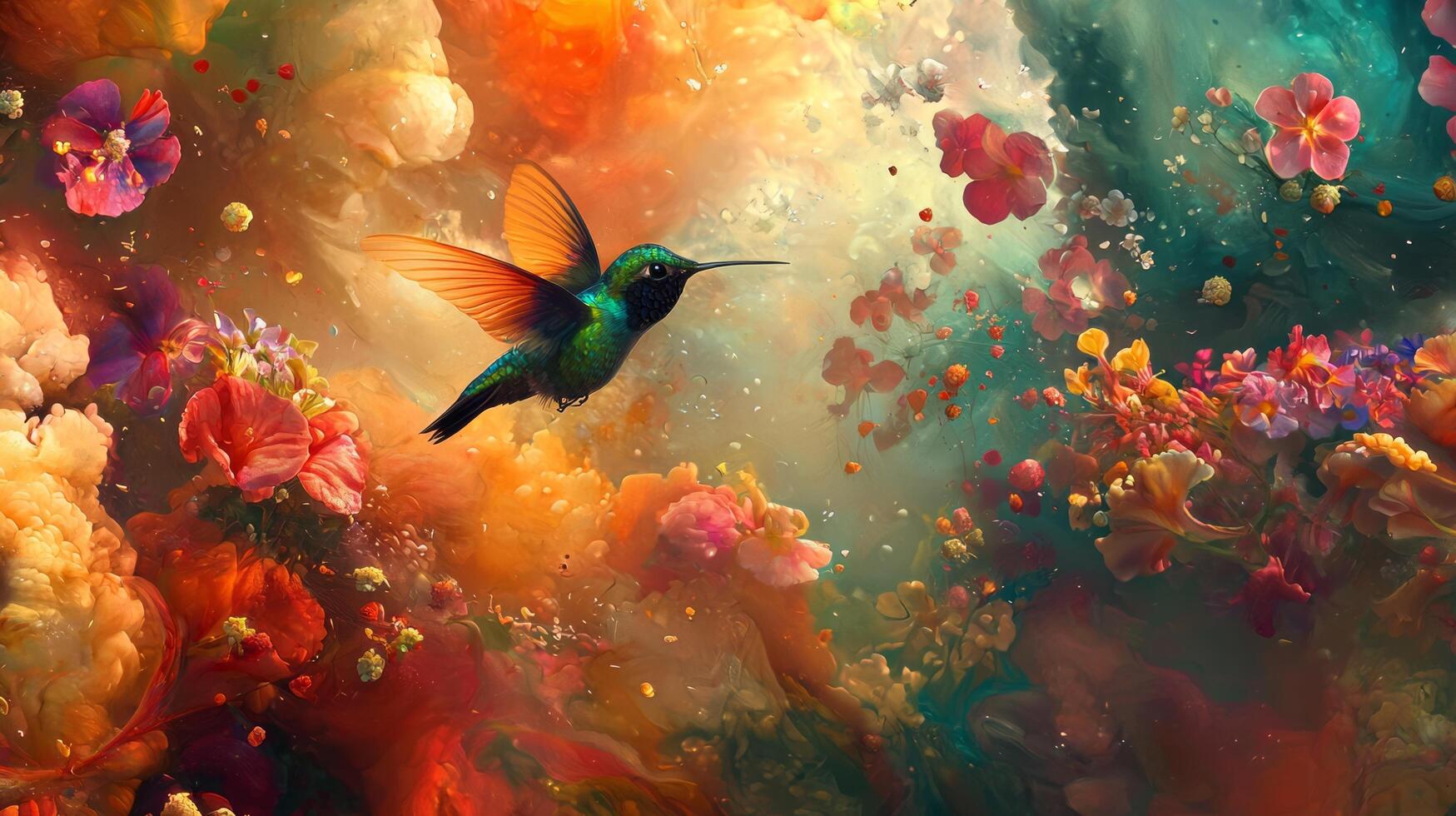 A colorful painting of a hummingbird flying through a colorful flower field photo