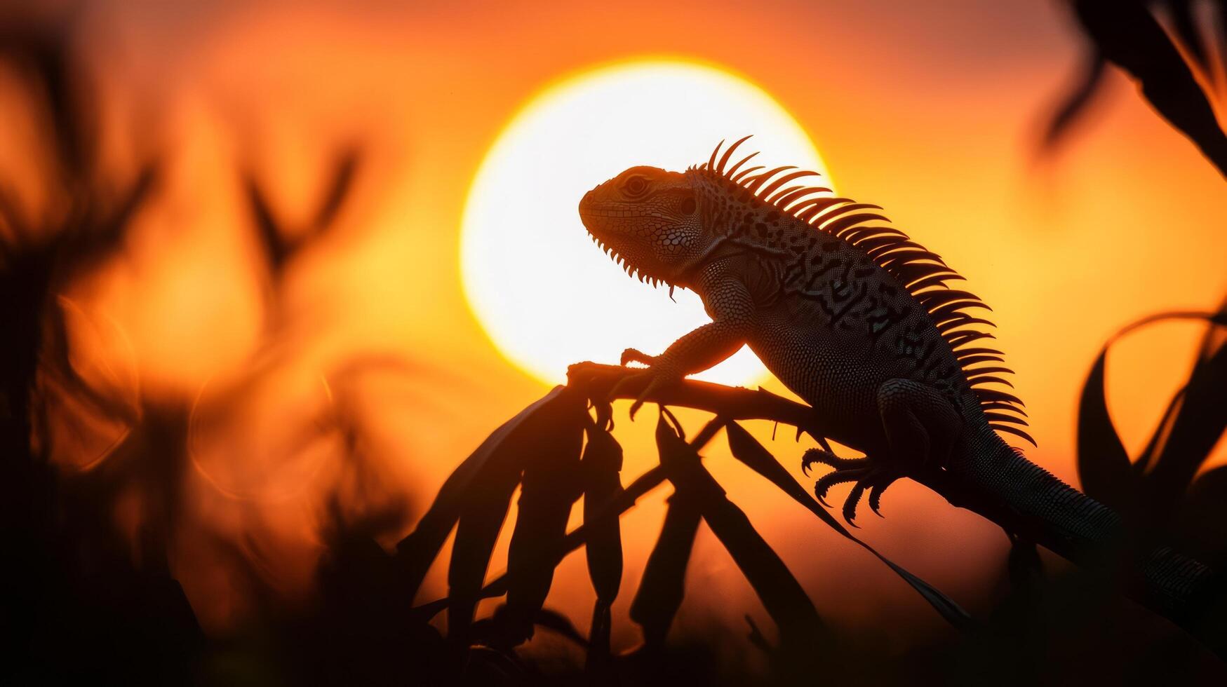 A lizard is sitting on a branch in front of the sun photo