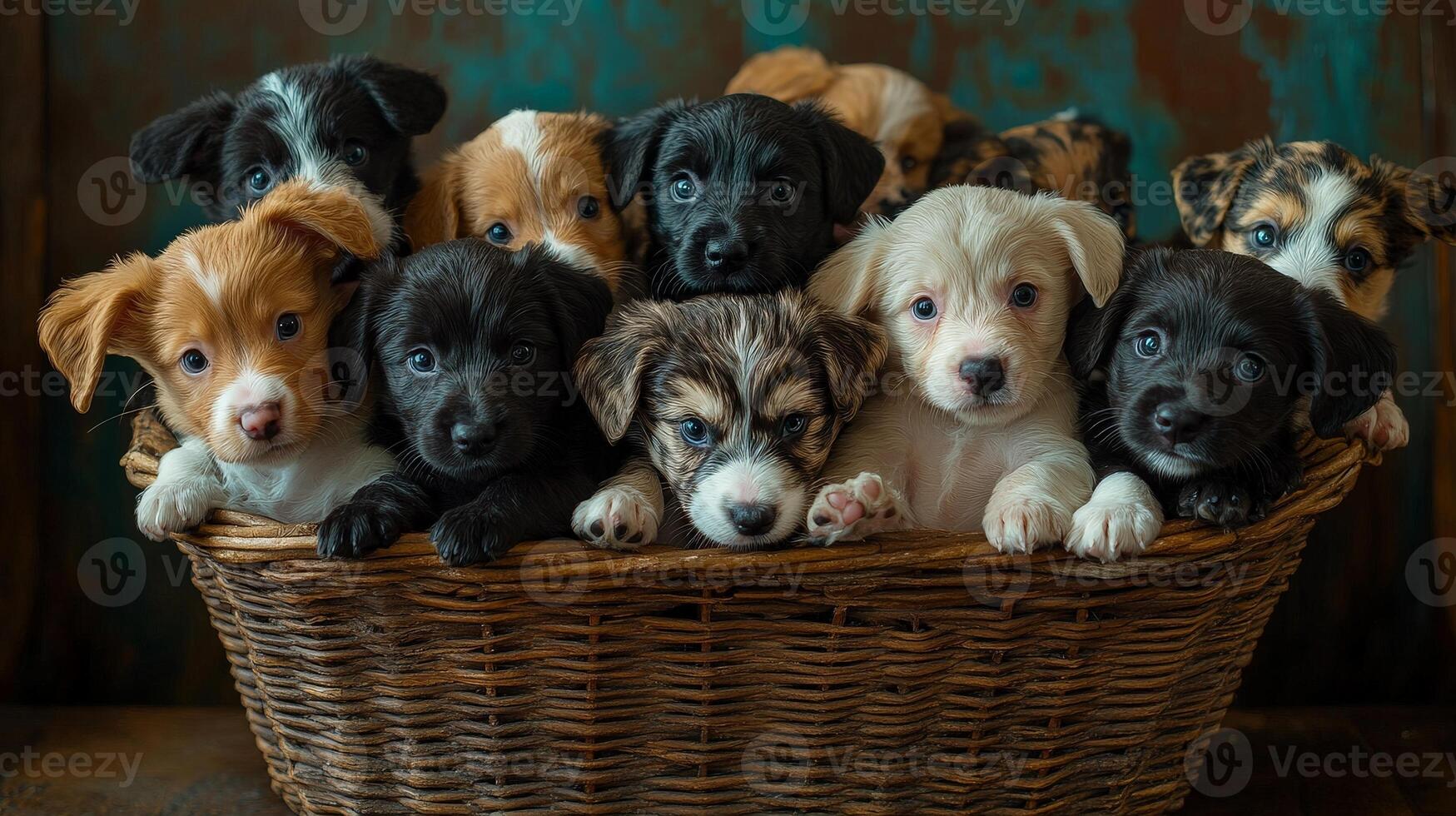 Adorable puppies posing in a wicker basket. a heartwarming scene photo