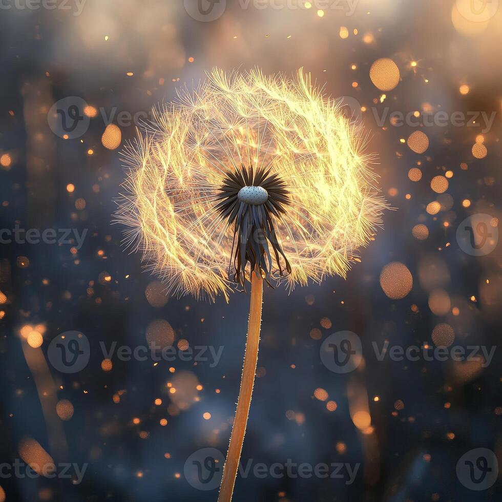 Glowing dandelion seeds spreading in magical golden light particles photo