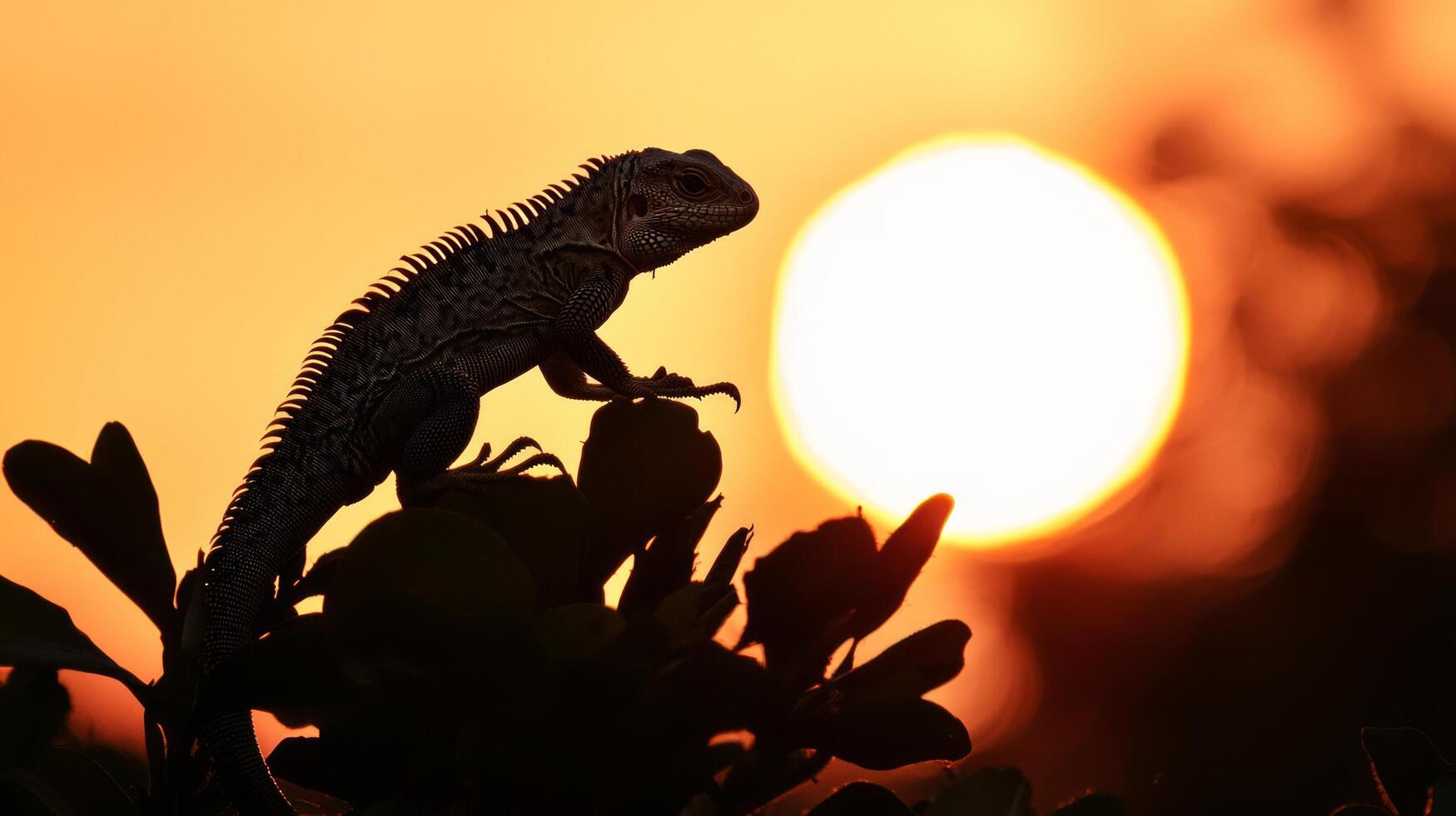 An iguana is silhouetted against the setting sun photo