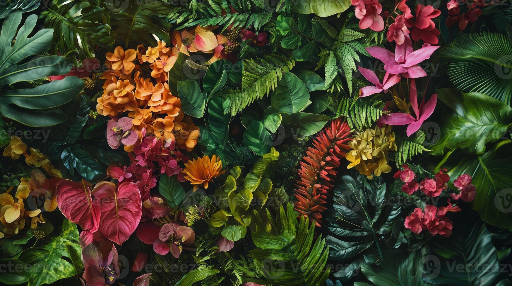 Tropical flowers and leaves in a wall photo