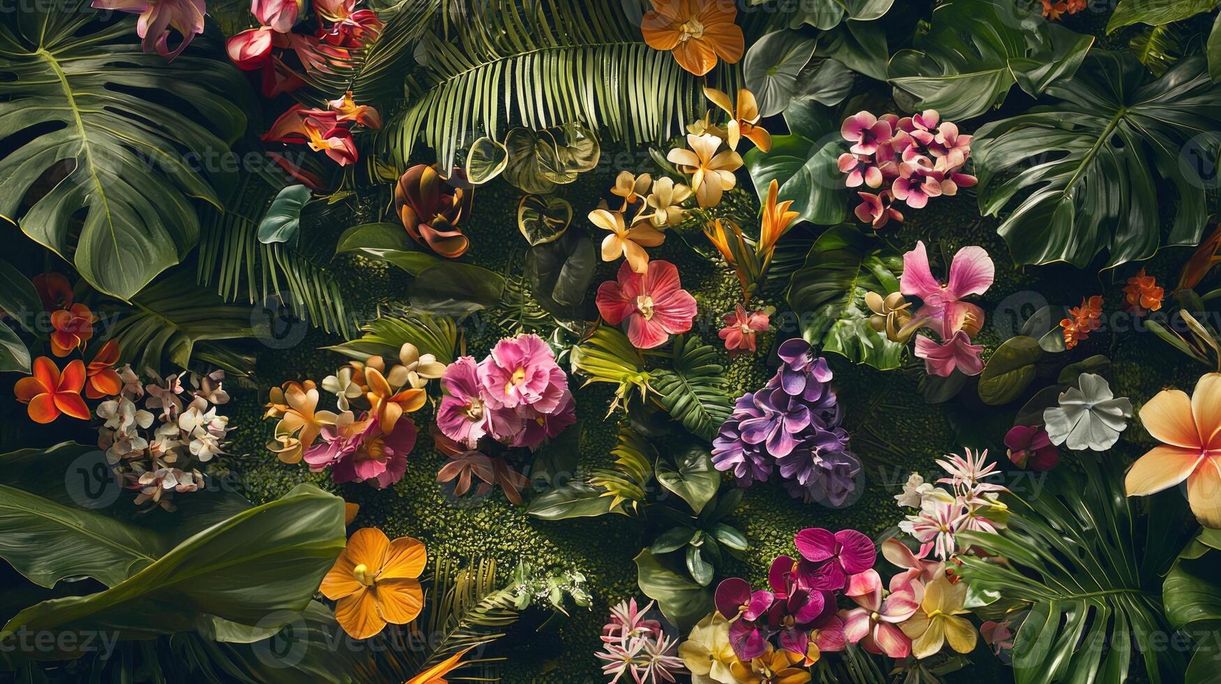 A tropical wall with many different types of flowers photo