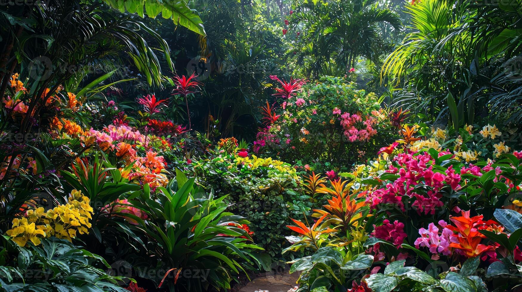 A path through a tropical garden with lots of flowers photo