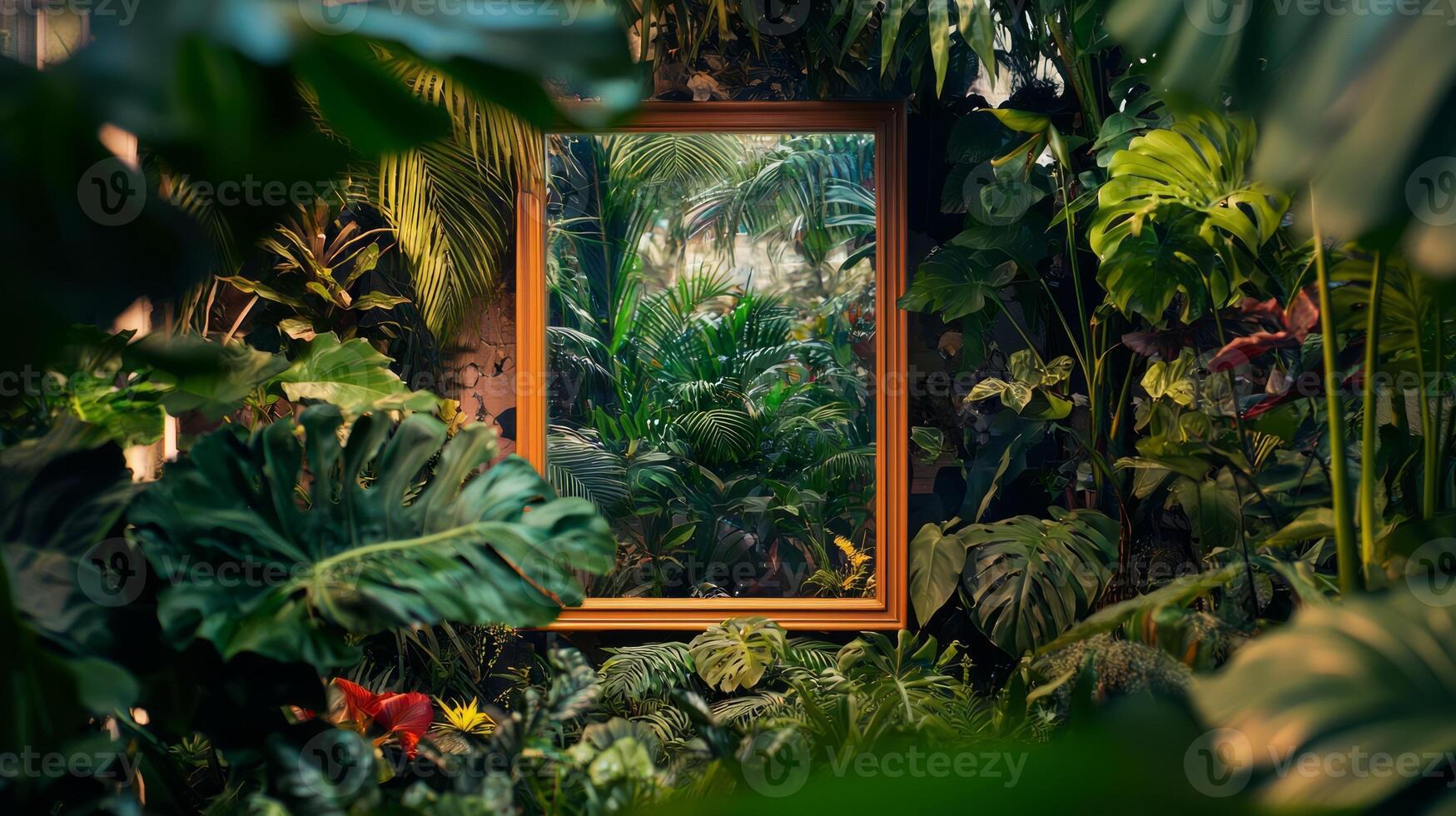 A window in a jungle filled with plants and trees photo