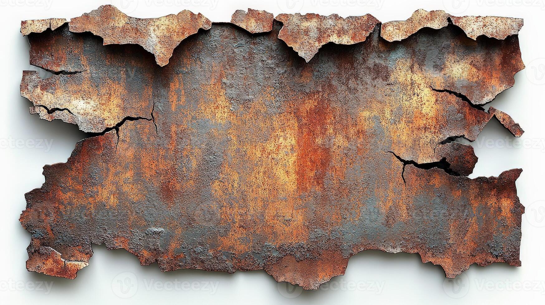 Corroded metal plate showing rust and decaying effects on white background photo