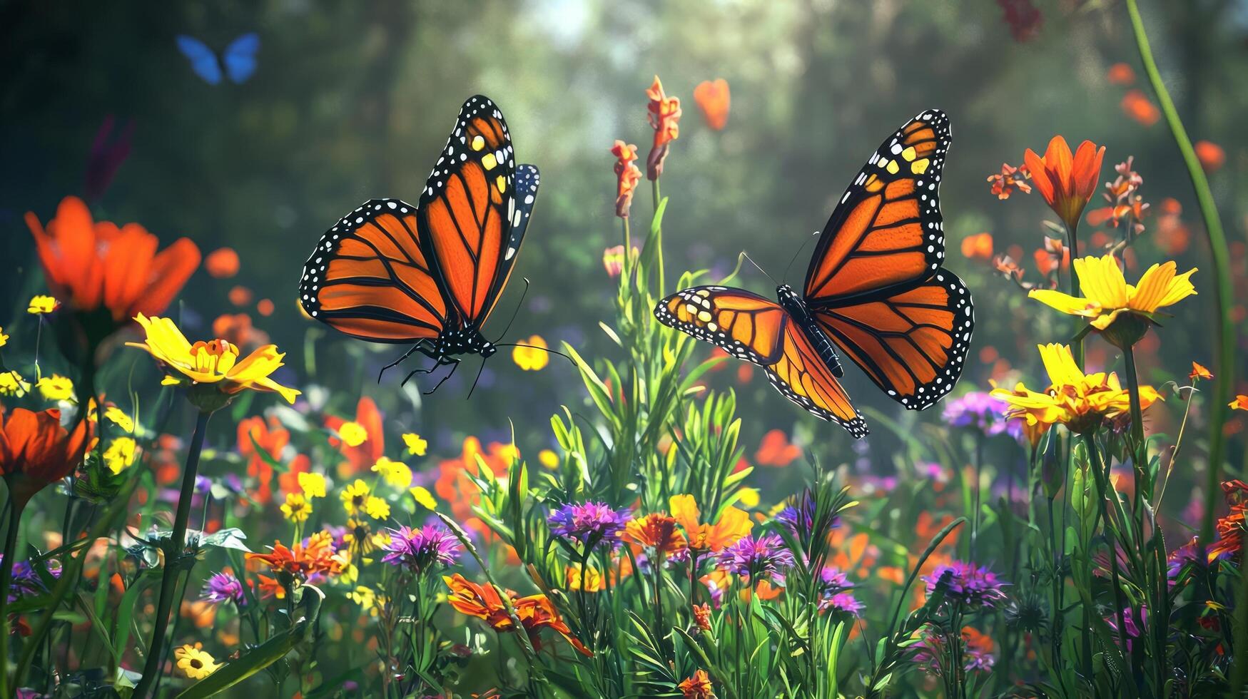 Two butterflies are flying over a field of flowers photo