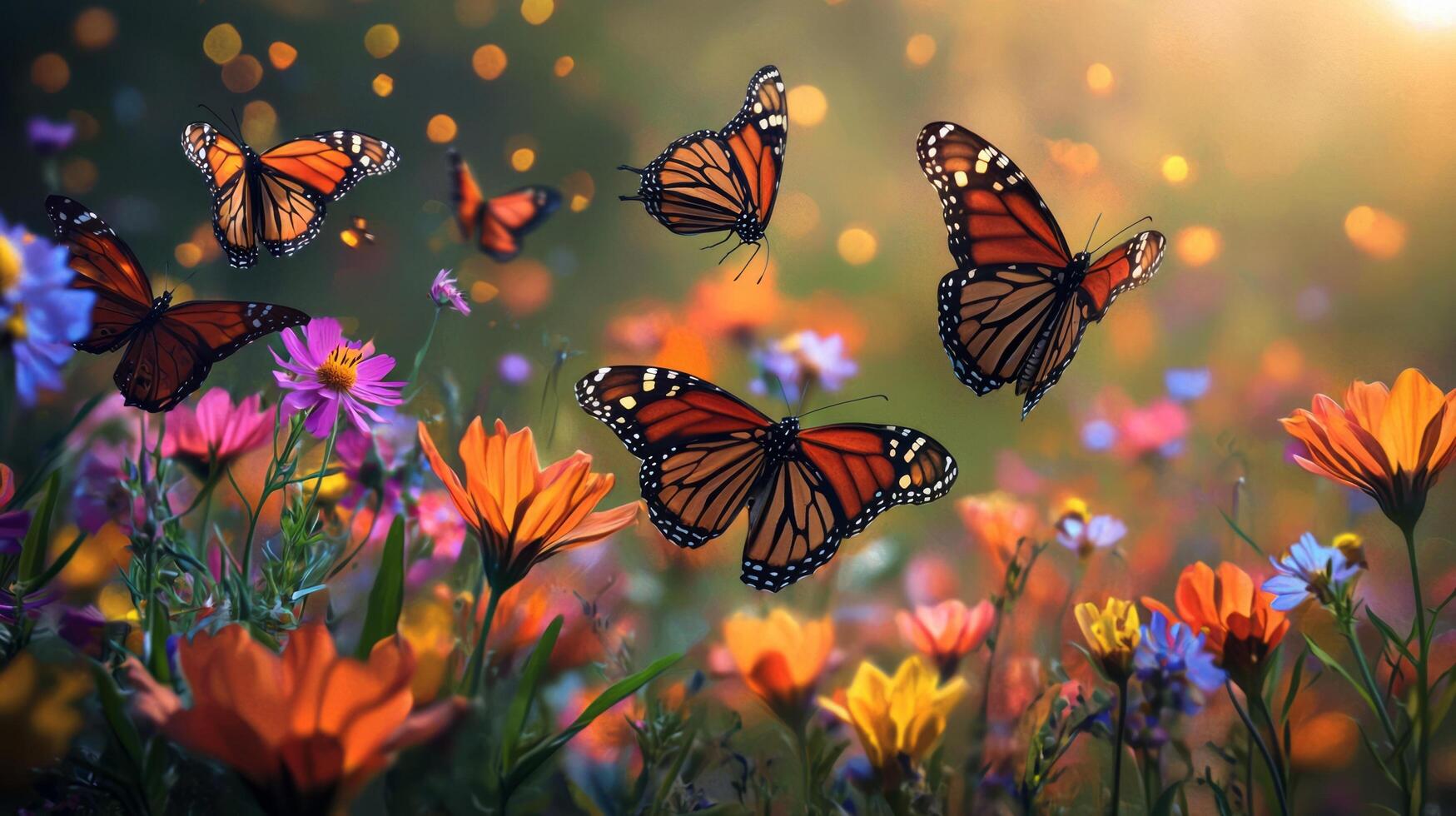 Butterflies flying over a field of flowers photo