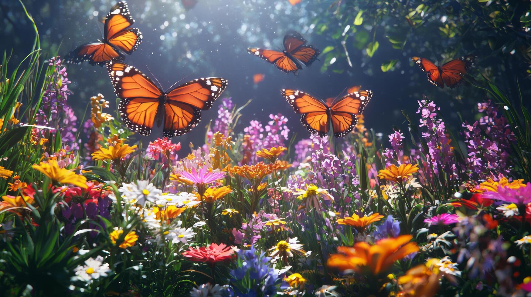 Butterflies flying over a field of flowers photo