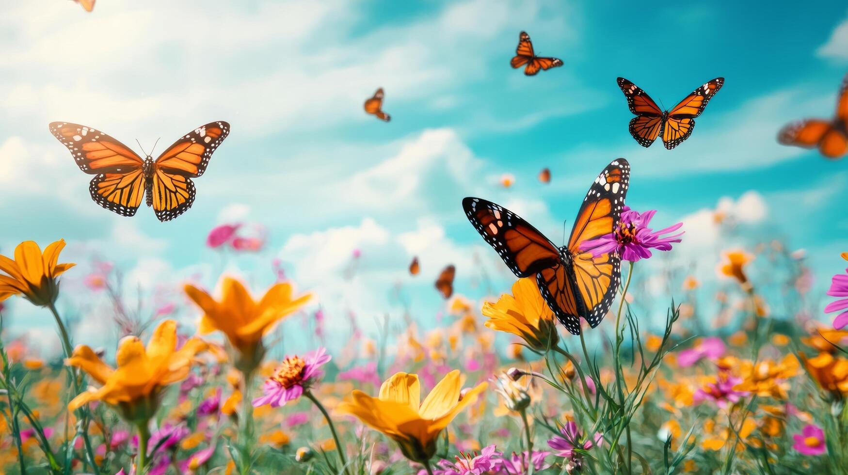 Butterflies flying over a field of flowers photo