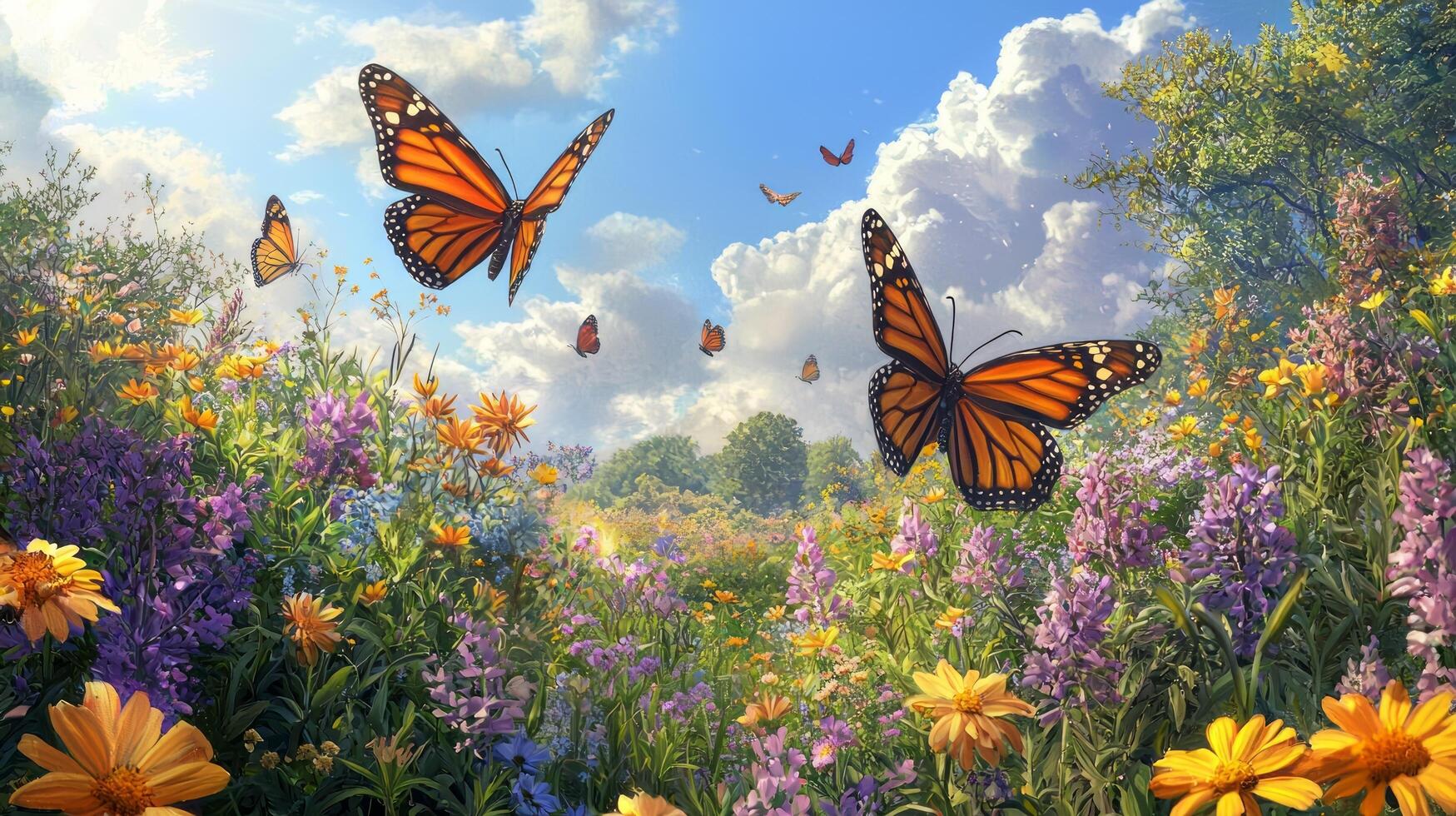 Butterflies flying over a field of flowers photo