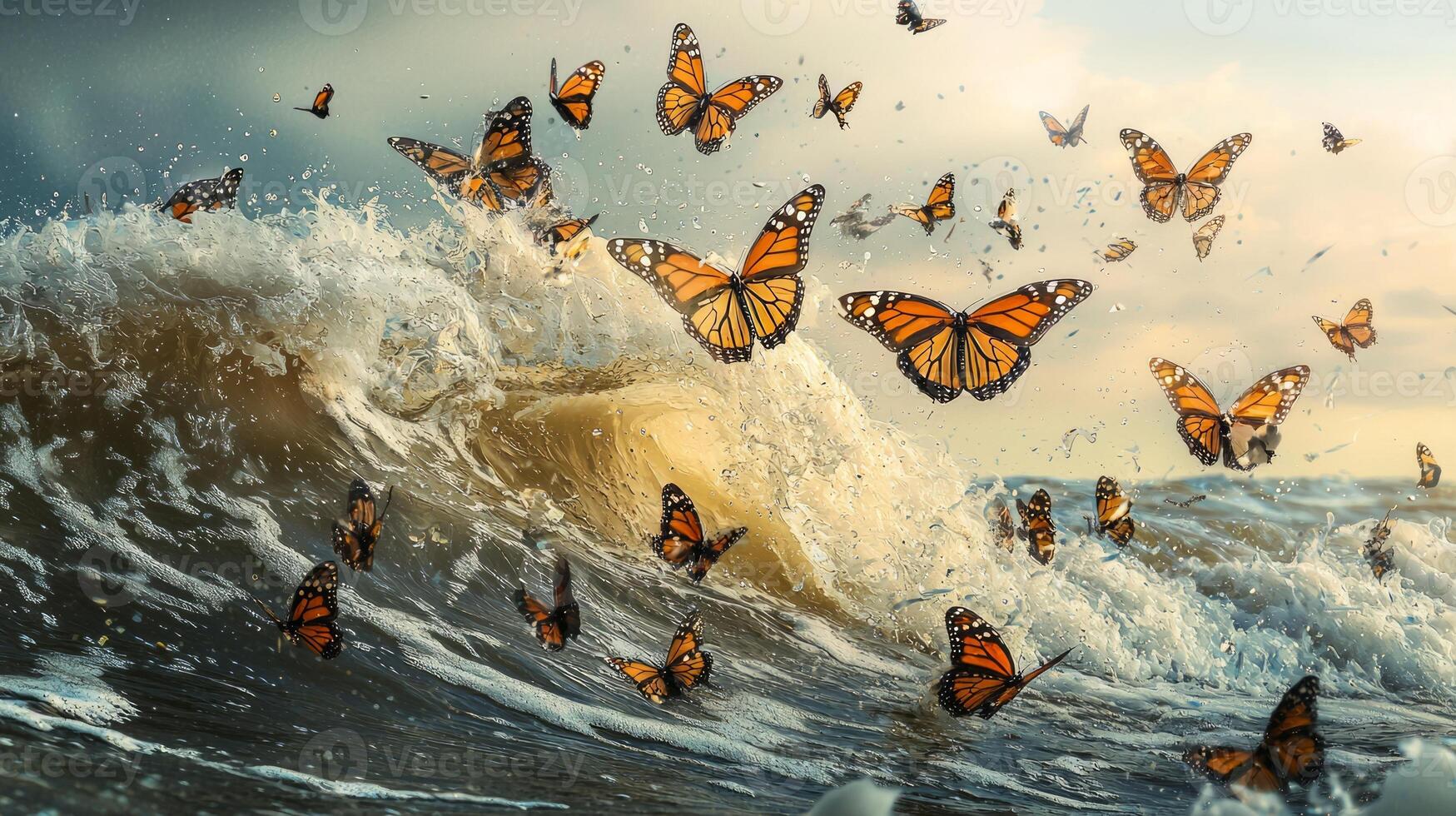 Butterflies flying over the waves of a large ocean photo