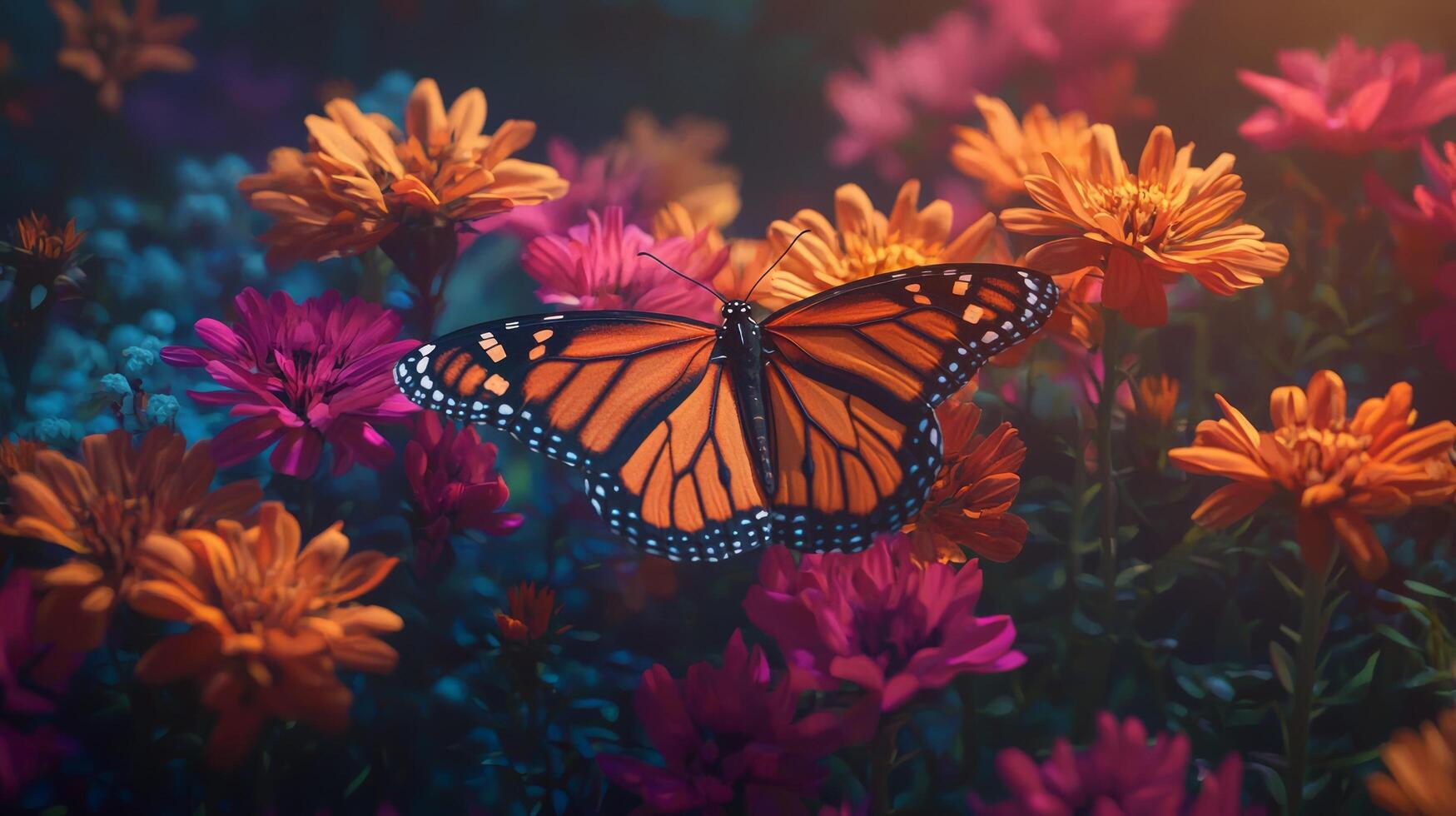A monarch butterfly is sitting on a field of flowers photo
