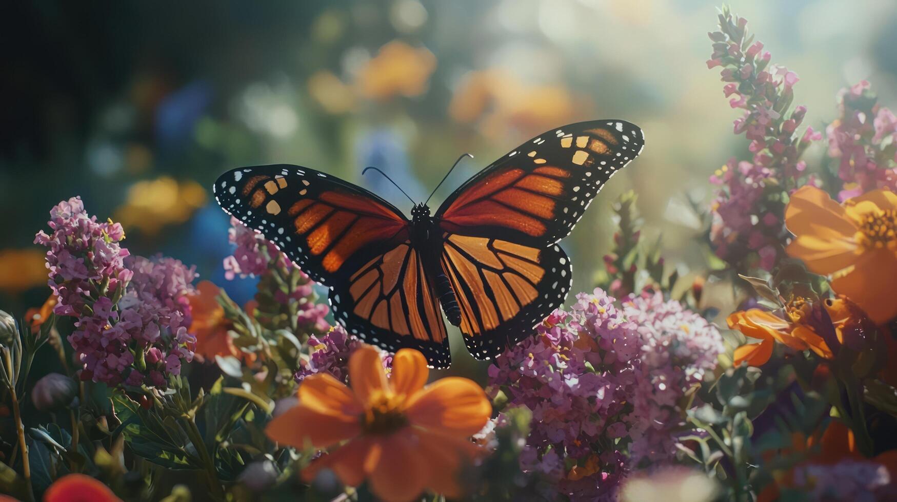 A monarch butterfly is sitting on a field of flowers photo