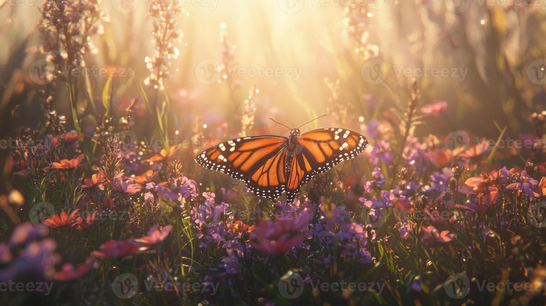 A monarch butterfly is sitting on a field of flowers photo