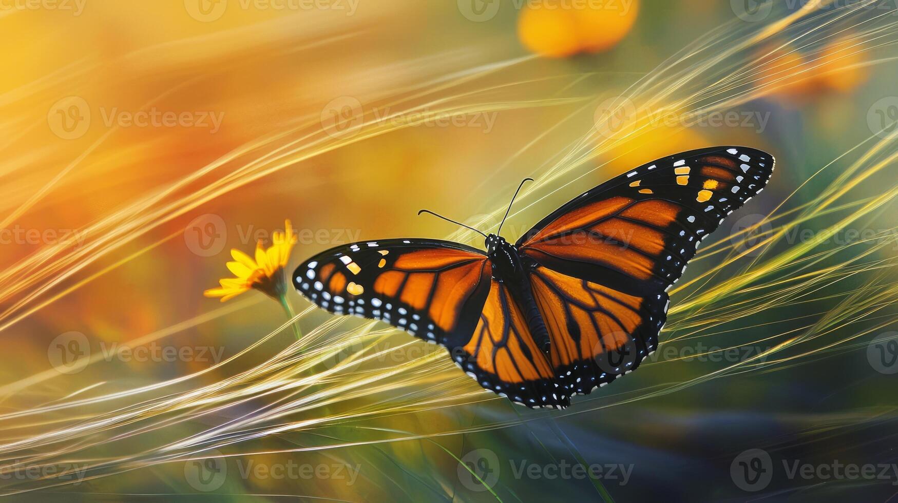 A monarch butterfly is flying through the grass photo