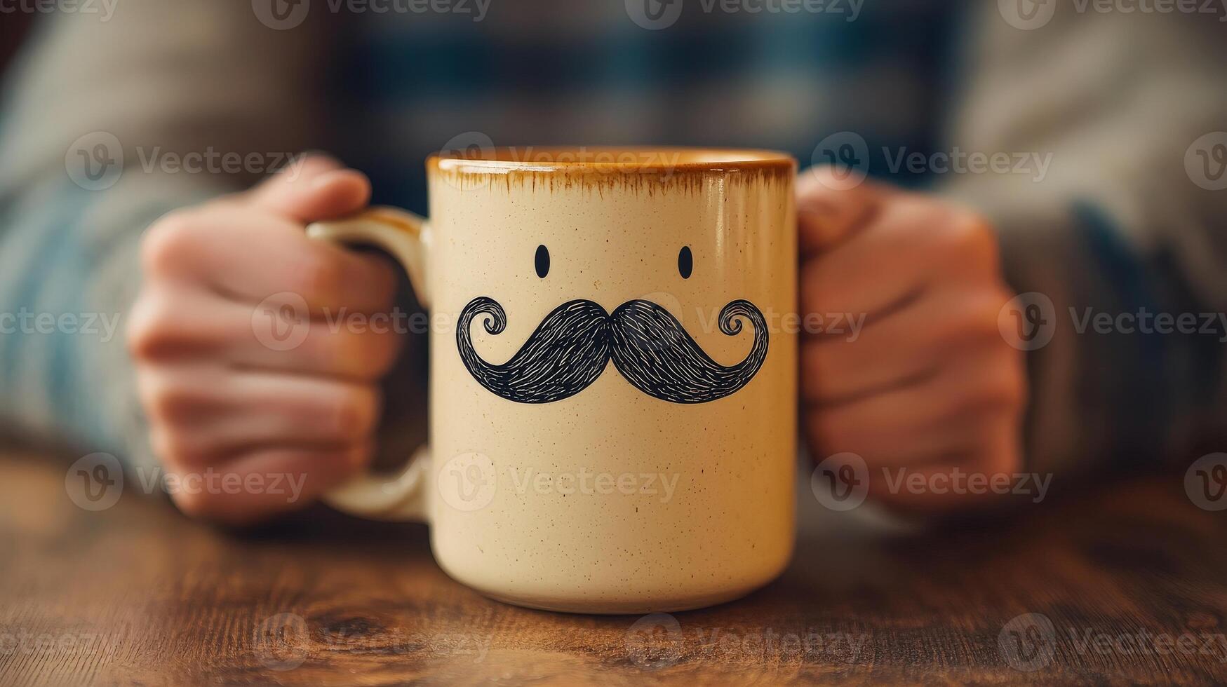 Man holding mug with mustache design, enjoying warm beverage at home photo