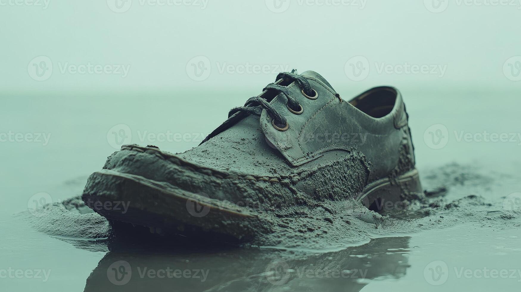 Old leather shoe sinking in mud on a misty day photo