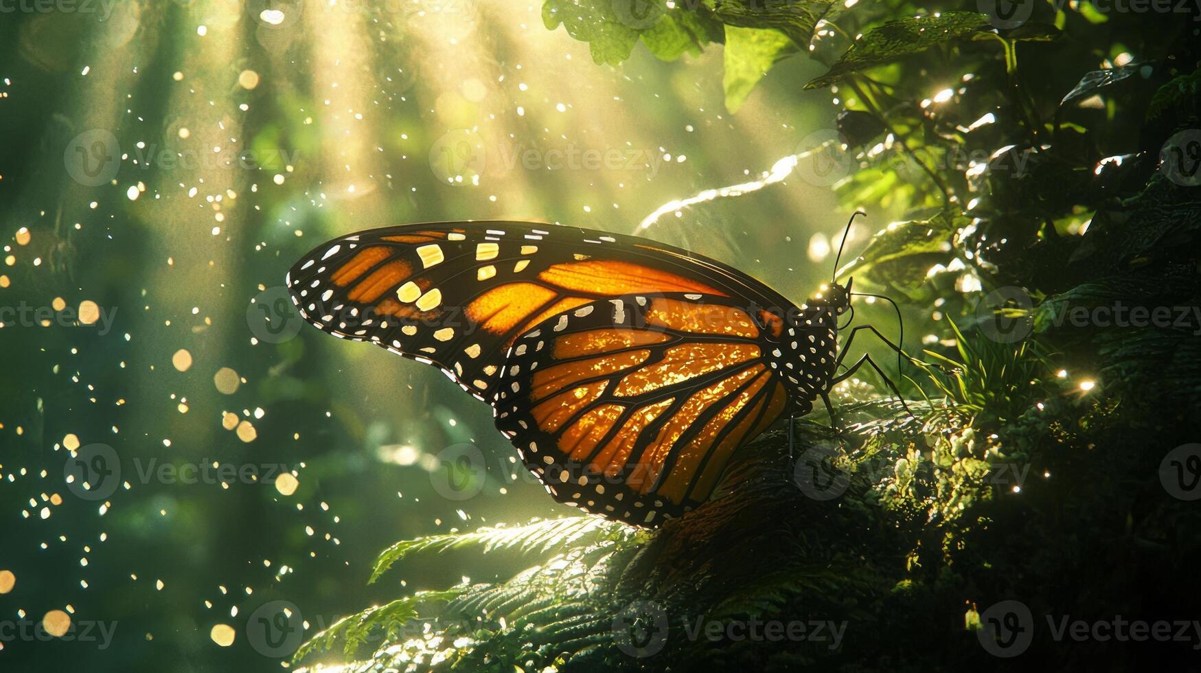 A monarch butterfly is sitting on a leaf in the sunlight photo