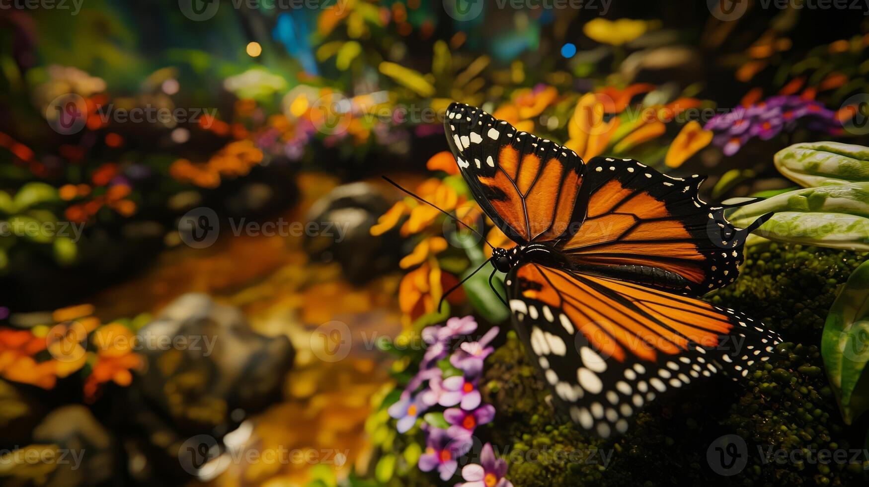 A butterfly is sitting on a rock in a forest photo