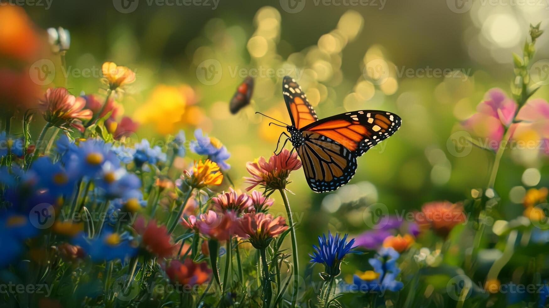 A butterfly is flying over a field of flowers photo