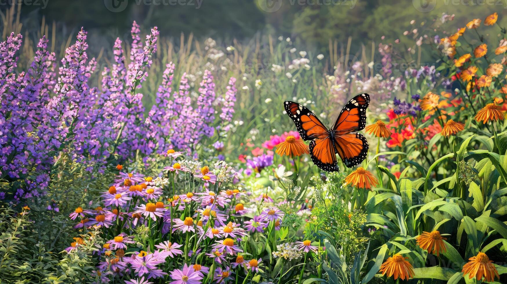 A butterfly is flying over a field of flowers photo