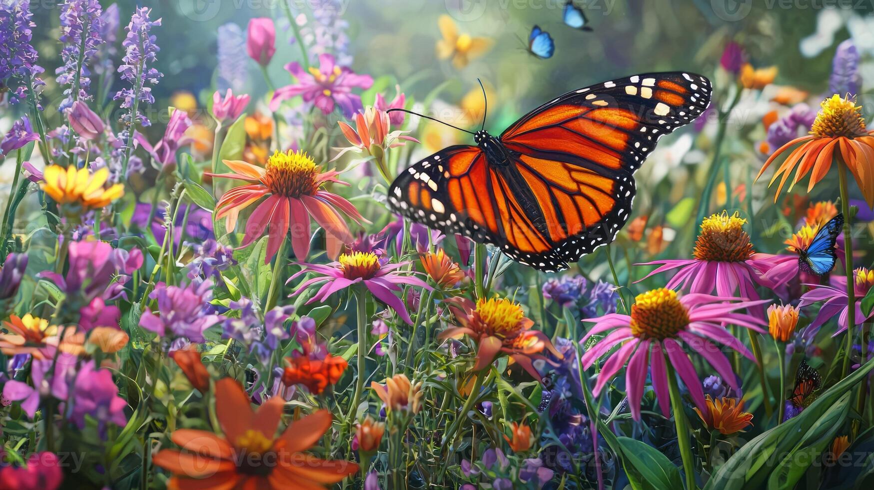 A butterfly is flying through a field of flowers photo